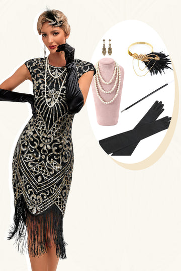 Sparkly Fringes Black Golden Flapper Dress with Accessories Set